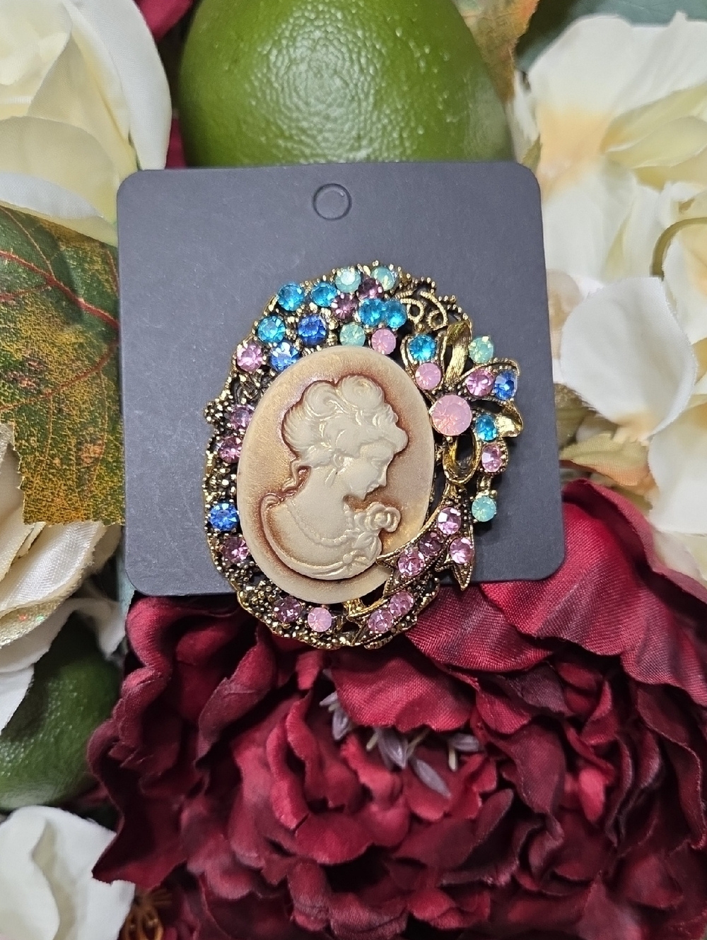 Vintage Cameo Brooch with Multicolor Crystal Accents - Women Jewelry
